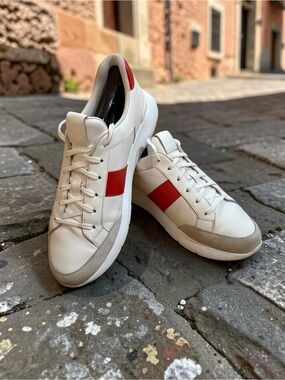 ISAIA Napoli Amalfi 01 Calfskin Leather Sneaker White Red Suede Mens 9.5 Luxury